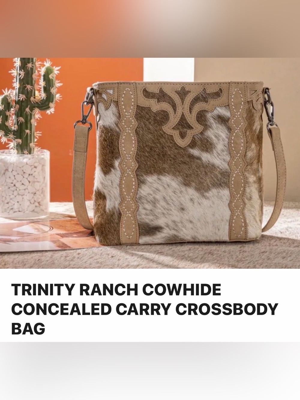 Trinity Cowhide Crossbody Bag - Brown & White with Tan Trim